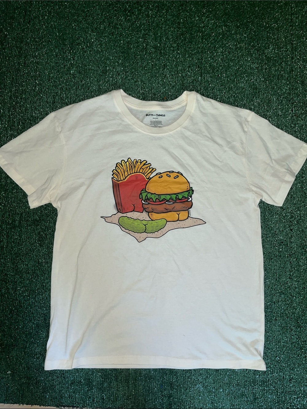 White Short Sleeve Graphic Tee with Burger & Fries Print